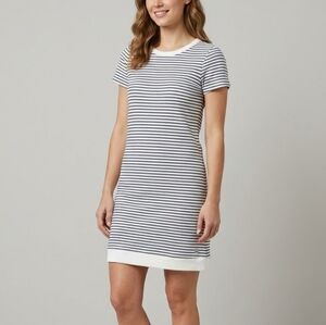 Fig Navy Striped Sweater Mini Dress 100% Cotton Short Sleeves Size S Pockets